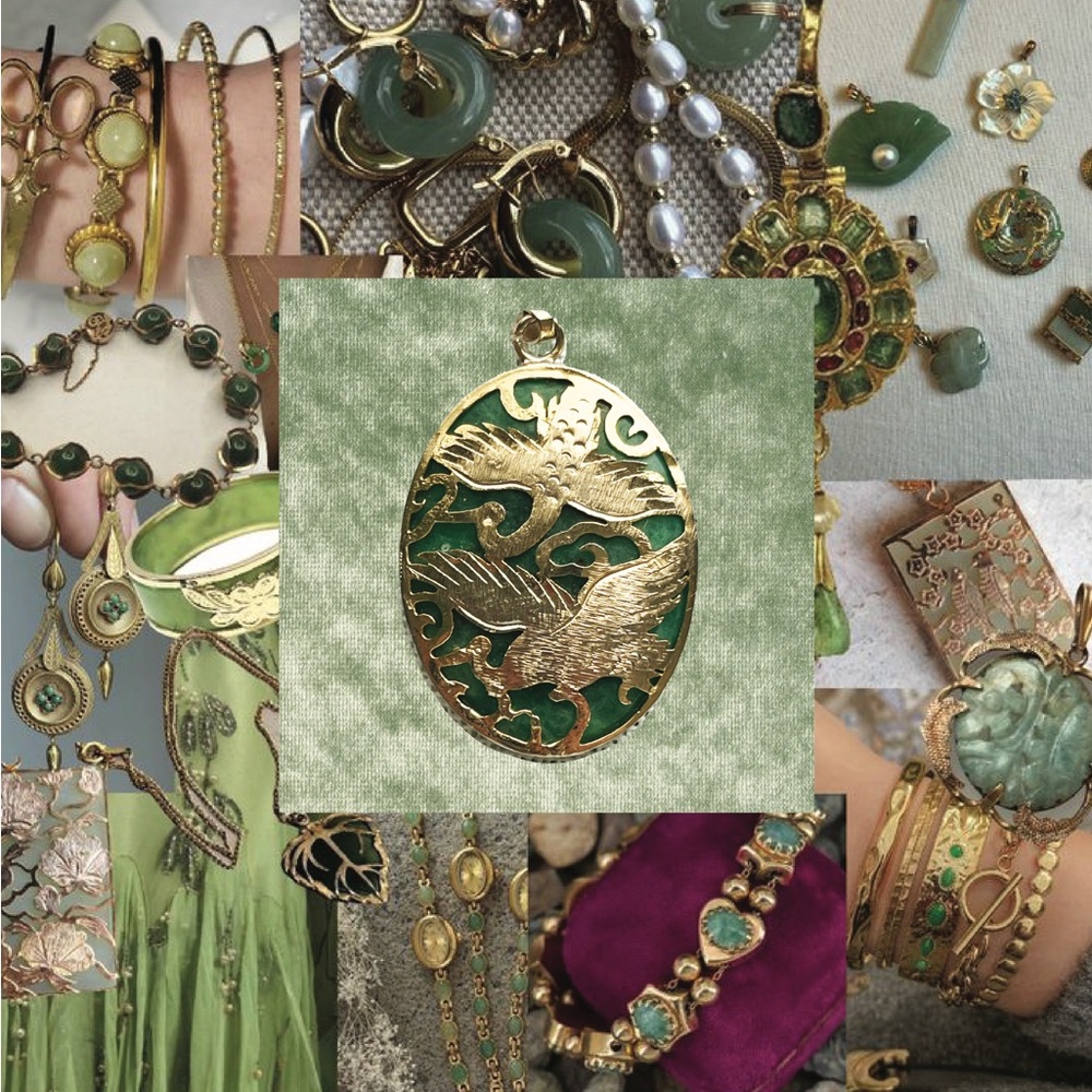 Vintage Gold and Jade Crane Pendant Necklace 18KGF